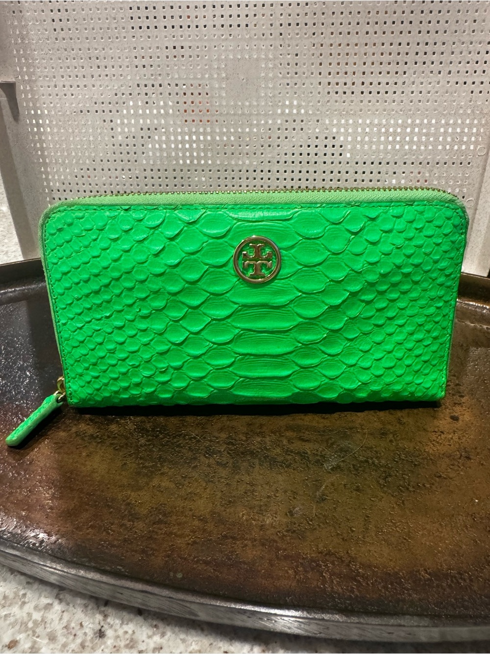 Tory Burch Neon Green Python-Embossed Zip Wallet